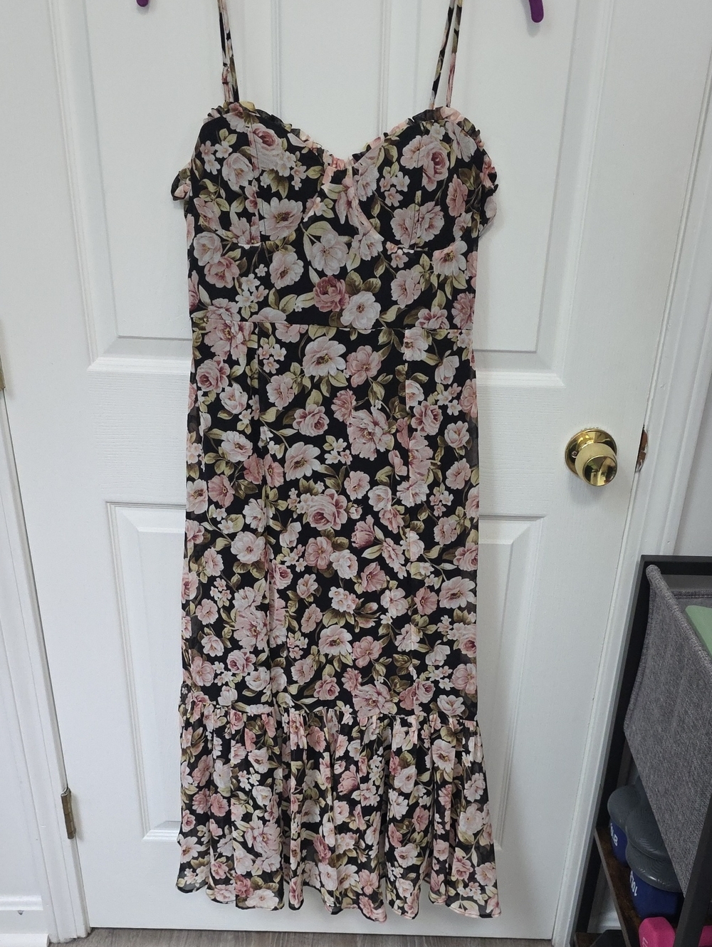 Altar'd State Black Floral Strapless Midi Dress with Pink and Cream Blooms